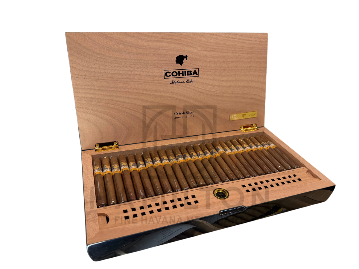 HAMILTON Cohiba Wide Short Limited Edition cigars in a wooden box with gold branding and individual cellophane wraps