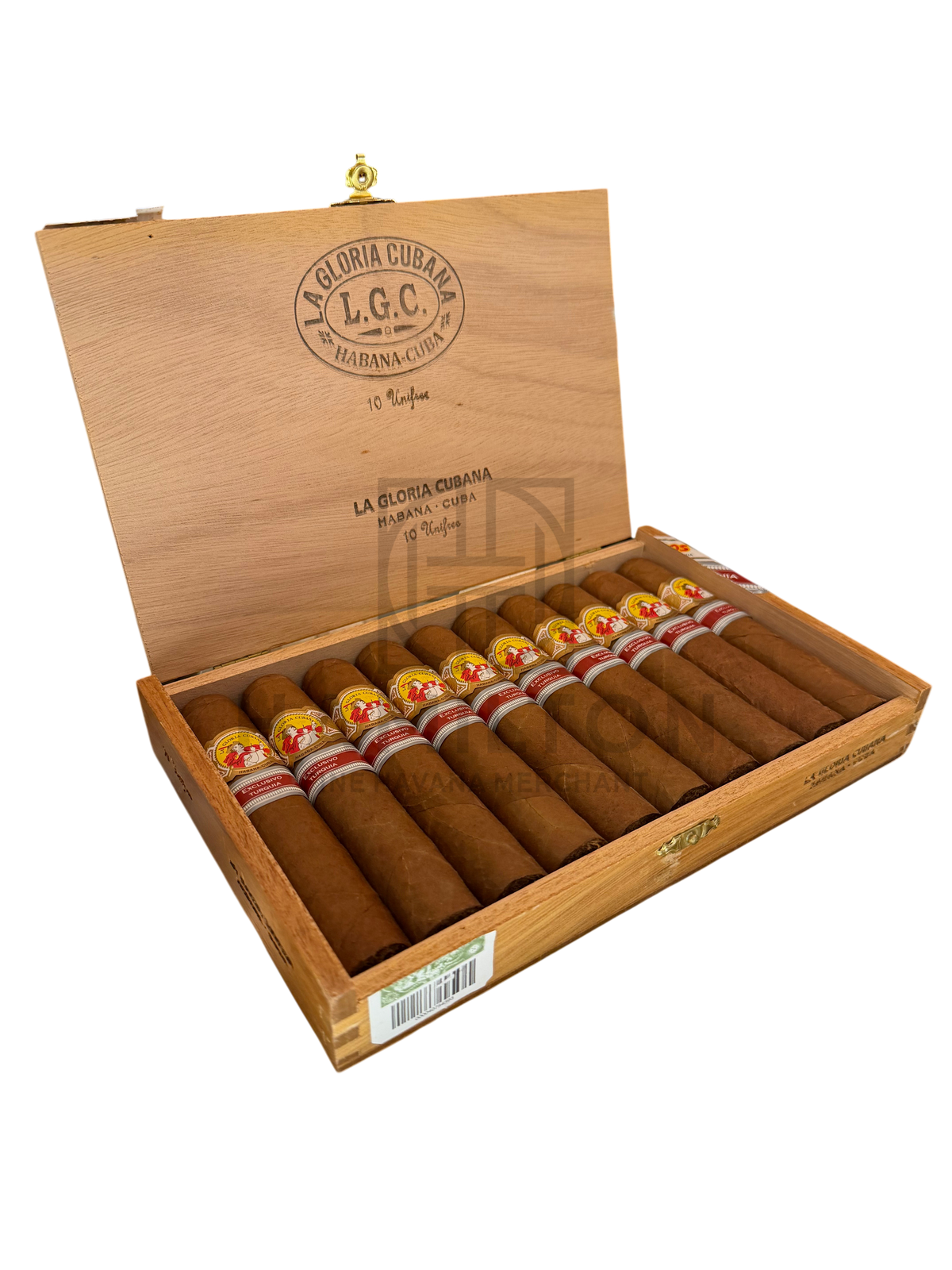 HAMILTON box of 10 La Gloria Cubana Unifree ER Turquia cigars with branded bands in a wooden display case