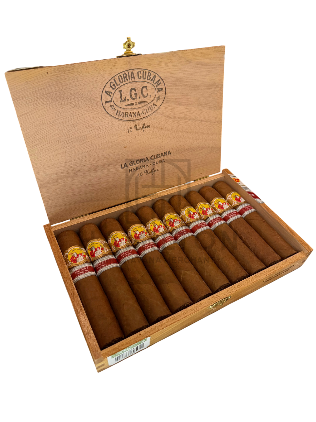 HAMILTON LA GLORIA CUBANA 10s Unifree ER Turquia cigars displayed in an open wooden box with branded labels