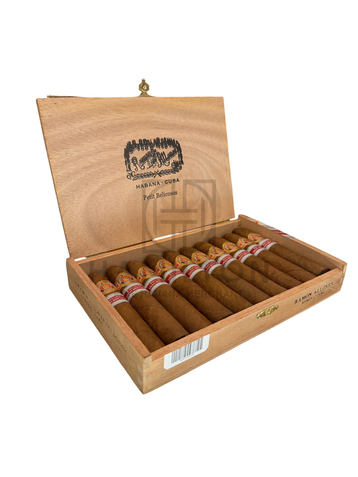 HAMILTON Ramon Allones Petit Belicosos ER Gran Bretana cigars in an open wooden box on a retail display shelf