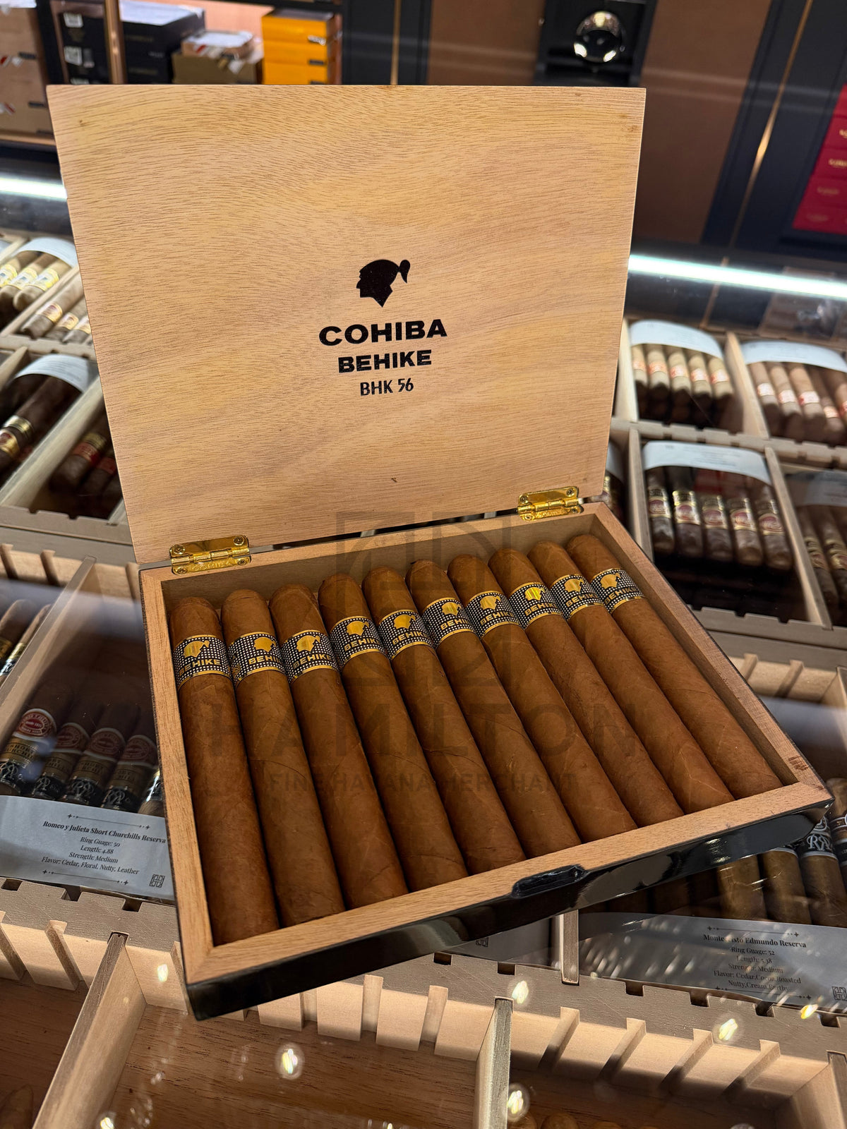 HAMILTON box of ten premium COHIBA Behike BHK 56 cigars in a wooden humidor with gold and black branded bands