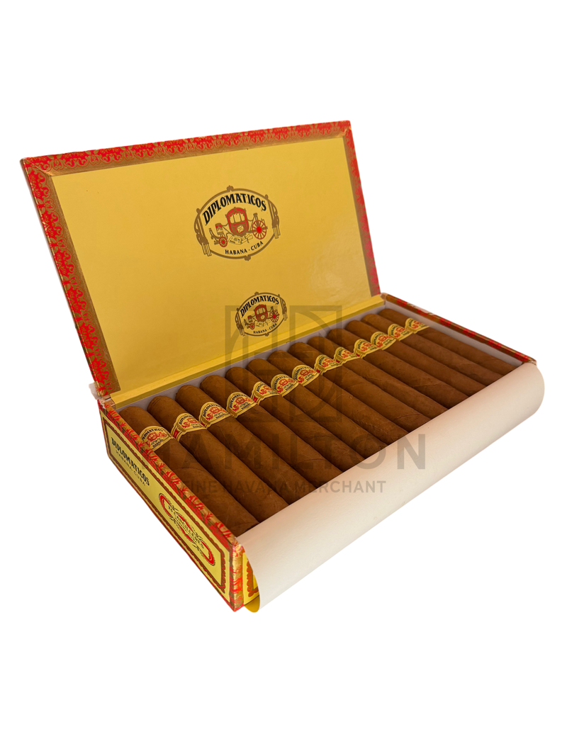 HAMILTON box of Diplomaticos Cancilleres cigars with yellow interior lid and ornate red border in a humidor display