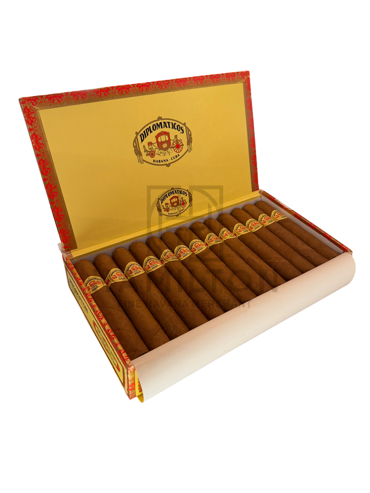 HAMILTON box of Diplomaticos Cancilleres cigars featuring yellow branding and premium brown tobacco leaves