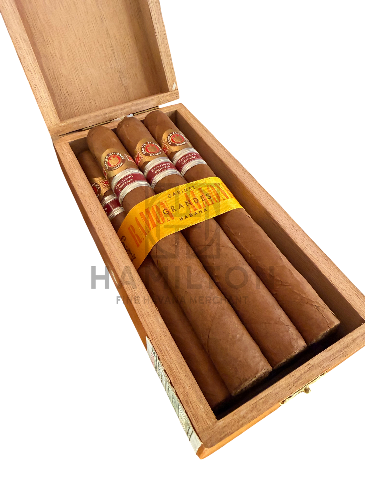 HAMILTON Ramon Allones Grandes 2008 cigars in a wooden cabinet box with yellow ribbon and Exclusivo España bands.