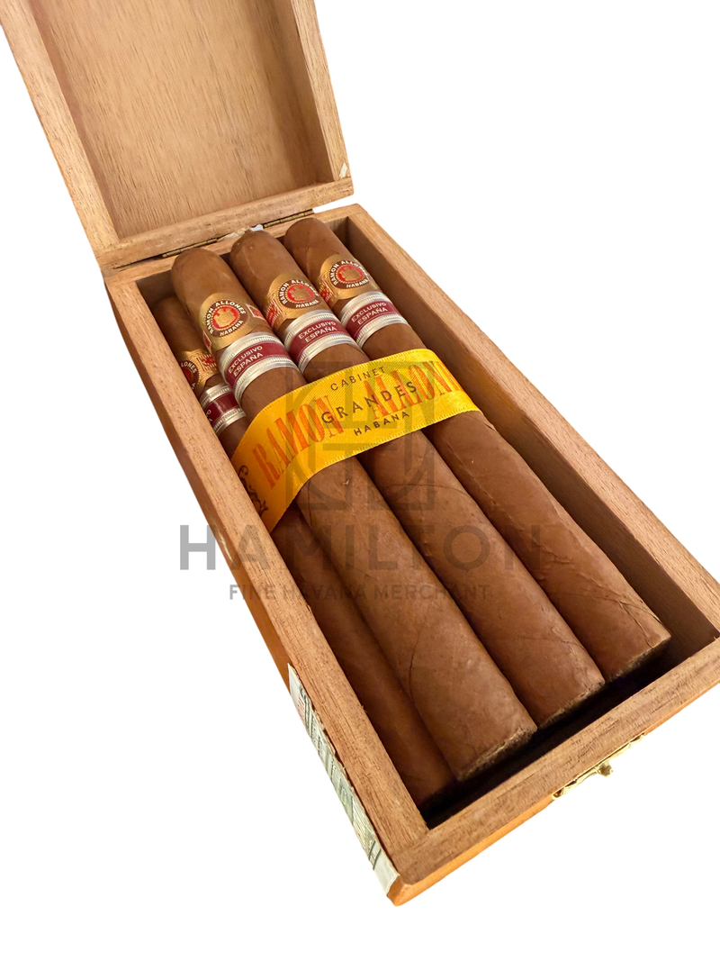 HAMILTON Ramon Allones Grandes 2008 cigars in a wooden cabinet box with yellow ribbon and Exclusivo España bands.