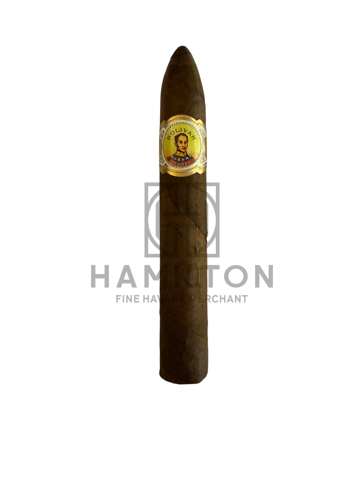 HAMILTON Bolivar Belicosos Finos cigar with a tapered head and gold brand label on a dark brown tobacco leaf wrapper.