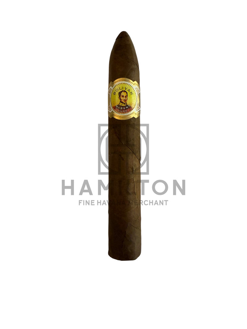 HAMILTON Bolivar Belicosos Finos cigar with a tapered head and gold brand label on a dark brown tobacco leaf wrapper.