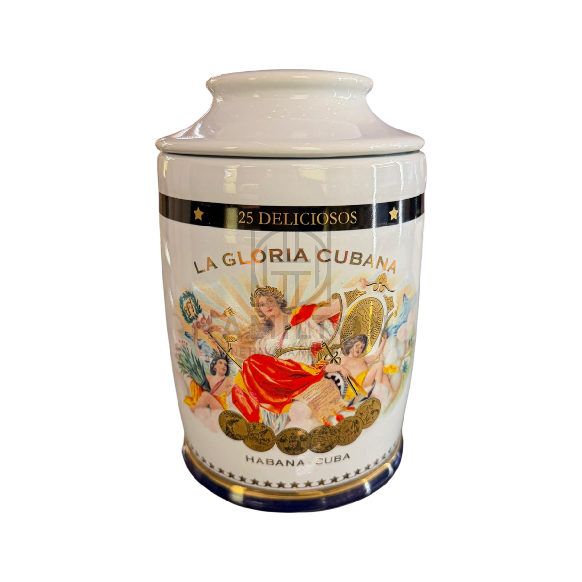 A ceramic Havana cigar tin with a lid, featuring a classical illustration of a woman in a red gown and gold coins, with the text 'LA GLORIA CUBANA' and '25 DELICIOSOS'.