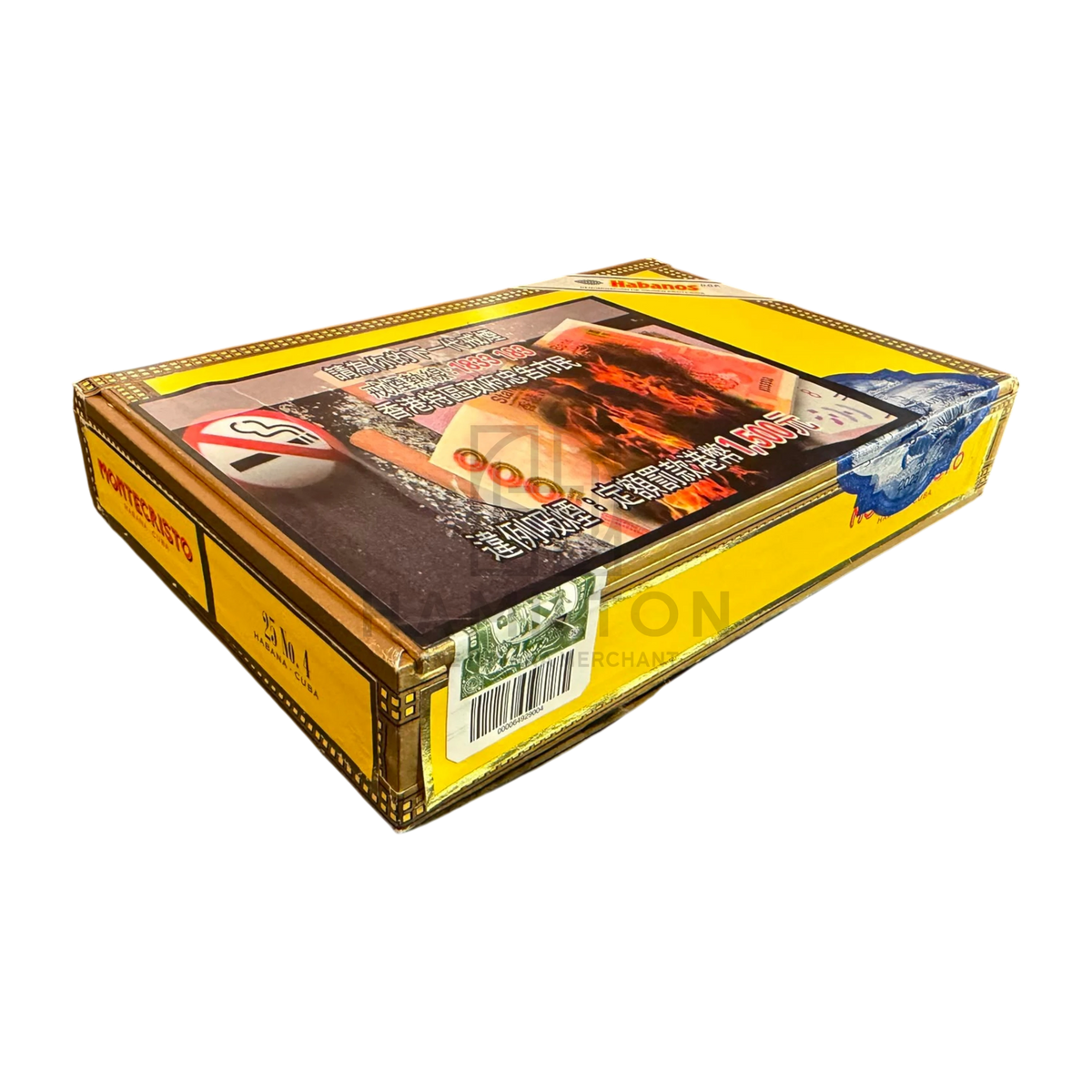 HAMILTON Montecristo No.4 cigar box featuring iconic yellow packaging and health warning label